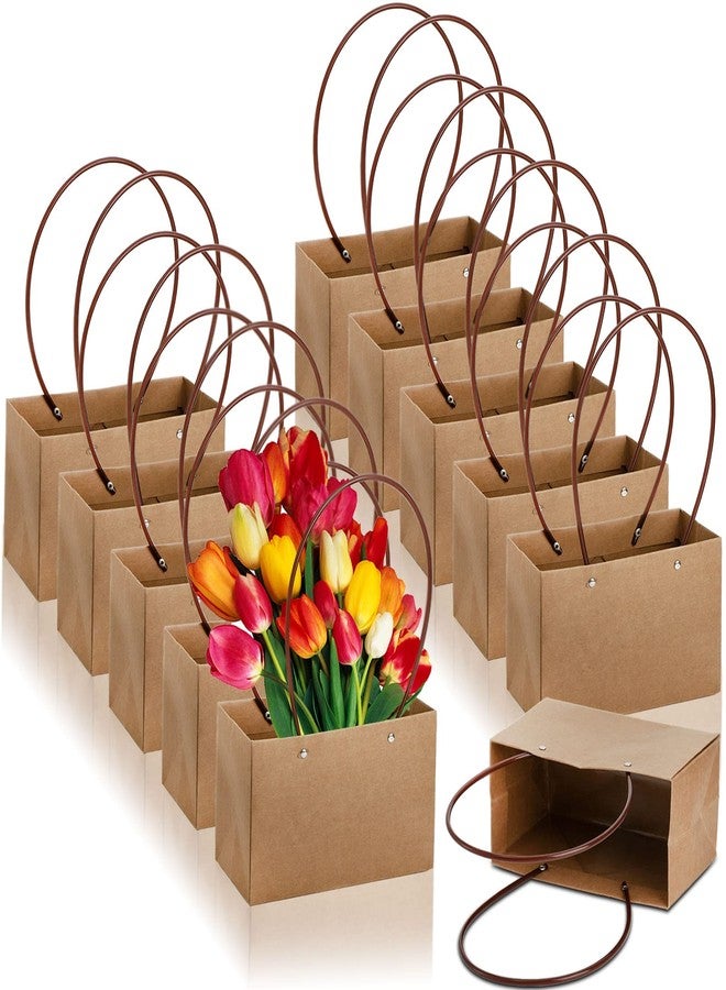 DEAYOU 10-Pack Kraft Paper Flower Gift Bags, Brown Bouquet Bag Box with Handle, Small Brown Paper Carrier Tote Bags with Waterproof Lining for Floral Arrangements, Party Favor, Ultra Thick - Image 3